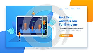 Landing page template illustration of data analysis mobile. 3d isometric