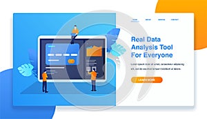 Landing page template illustration of data analysis mobile. 3d isometric