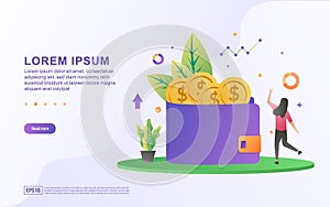 Landing page template with illustration of woman saving money in e wallet