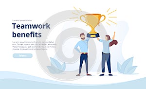 Landing page template with man and woman holding golden winner`s cup or prize together. Concept of benefits of teamwork