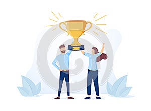 Landing page template with man and woman holding golden winner's cup or prize together. Concept of benefits of teamwork.