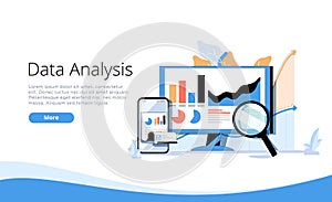 Landing page template with man and woman with magnifying glass analyzing diagrams and graphs. Concept of statistical