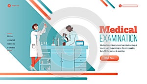 Landing page template with medical laboratory and people making examinations