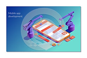 Landing page template of Mobile app development. Flat isometric vector illustration isolated on white background.