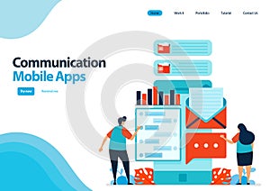 Landing page template of mobile apps for communication and sending messages. Chat apps with Smartfone. communication development
