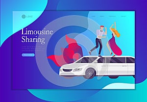 Landing page template mobile city transportation, online limousine sharing with woman in elegant evening dress and man