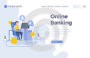 Landing page template online banking concept with office male.