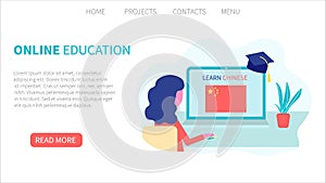 Landing page template. Online Chinese learning, distance education concept. Language training and courses. Woman student