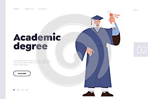 Landing page template for online education service with happy bachelor achieving academic degree