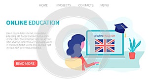 Landing page template. Online English Learning, distance education concept. Language training and courses. Woman student studies