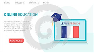 Landing page template. Online French Learning, distance education concept. Language training and courses. Studying