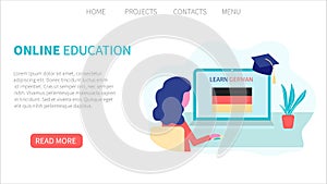 Landing page template. Online Germanlearning, distance education concept. Language training and courses. Woman student