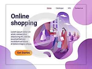 Landing page template of Online Shopping. The Flat design concept of web page design for a mobile website. The man and