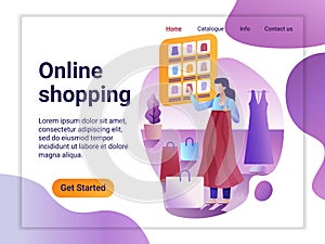 Landing page template of Online Shopping. The Flat design concept of web page design for a mobile website. The Woman