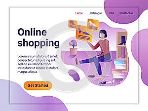 Landing page template of Online Shopping. The Flat design concept of web page design for a mobile website. The Woman