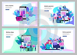 Landing page template of Online Shopping people and mobile payments. Vector illustration pos terminal confirms the