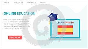 Landing page template. Online Spanish Learning, distance education concept. Language training and courses. Studying