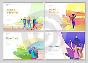 Landing page template. People characters woman for hiking and trekking, holiday travel vector, hiker and tourism