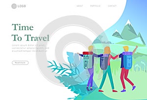 landing page template. People characters woman for hiking and trekking, holiday travel vector, hiker and tourism illustration.