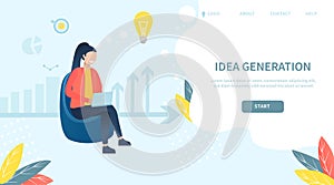 Landing page template with a girl who creates ideas and steps of project development. Girl creates ideas for business