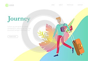 Landing page template with people travel on vacation. Tourists with laggage travelling with family, friends and alone