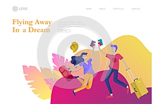 Landing page template with people travel on vacation. Tourists with laggage travelling with family, friends and alone