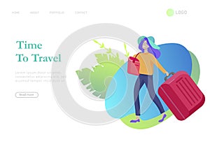 Landing page template with people travel on vacation. Tourists with laggage travelling with family, friends and alone