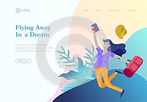 Landing page template with people travel on vacation. Tourists with laggage travelling with family, friends and alone