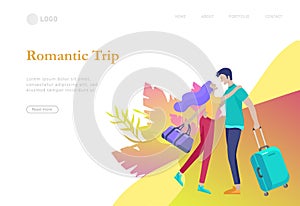 landing page template with people travel on vacation. Tourists with laggage travelling with family, friends and alone, go on