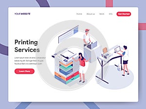 Landing page template of Printing Service Illustration Concept. Isometric design concept of web page design for website and mobile