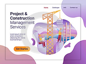 Landing page template of Project and Construction Managment Service. The Flat design concept of web page design for a