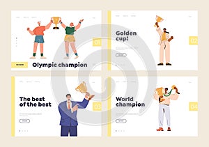 Landing page template set with happy olympic sport and business champion with reward prize