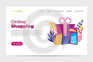 Landing page template with shopping in front of smartphone. Online shopping. Sales promotion concept, loyalty program to