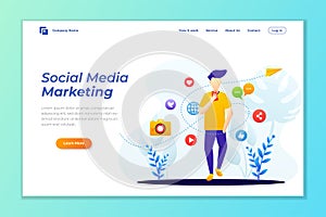 Landing page template of Social media marketing. Modern flat design concept of web page design