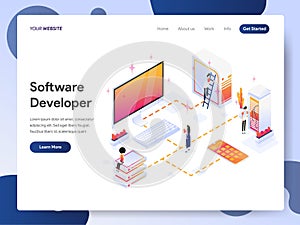 Landing page template of Software Developer Isometric Illustration Concept. Modern design concept of web page design for website