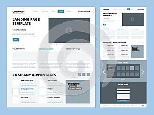 Landing page template. Website layout design elements footer header menu navigation wireframe for internet pages vector