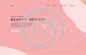 Landing page template for websites with linear illustration unpackaging beauty box with cosmetics. Concept of cosmetics