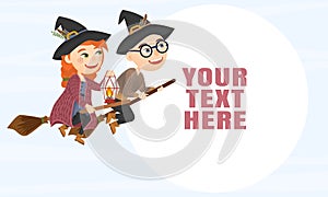 Landing Page Template with Witch and witcher fly on brooms