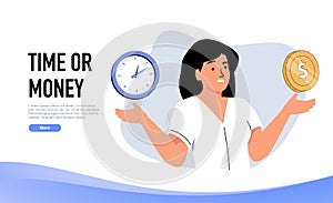 Landing page template with woman holding clock and dollar coins. Concept of choice between time and money, timing.