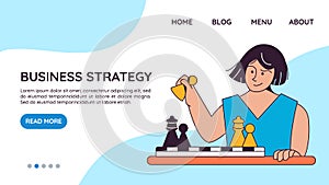 Landing page template with woman playing chess on board. Concept of business strategy, market competition tactics