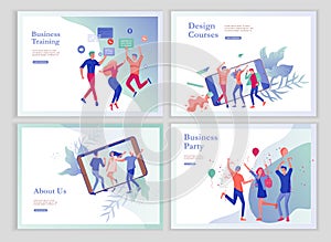 Landing page templates set with team People moving. Business invitation and corporate party, design training courses