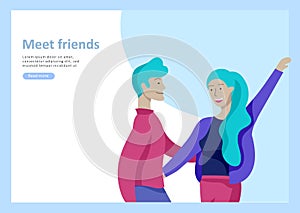 Landing page templates. Vector people happy friends character teenagers with gadgets are walking and chatting