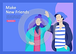 Landing page templates. Vector people happy friends character teenagers with gadgets are walking and chatting