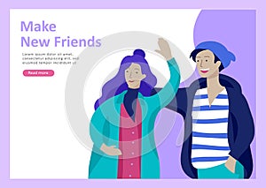 Landing page templates. Vector people happy friends character teenagers with gadgets are walking and chatting