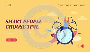 Landing Page Time Management Concept. Website or Web Page Template with Woman Character Holding Clock Alarm