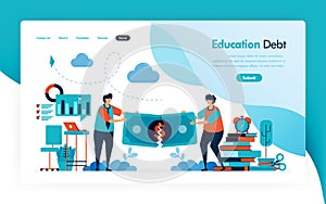 Landing page for tuition fees, education debt, scholarship loan, torn of money, budget for learning and university, financial