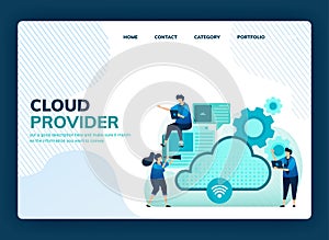 Landing page vector illustration for cloud provider for network, internet connection, communication, hosting server, data center.