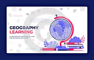 Landing page vector illustration of geography learning. Cartography for reading globe, maps, world atlases. Can be used for