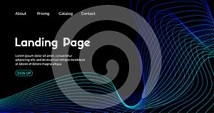 Landing page vector template. Dark blue abstract background for home page. Web site header with dynamic lines