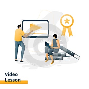 Landing page Video Lesson, the concept of a man sitting on a book while editing a video on a laptop, can be used for landing pages
